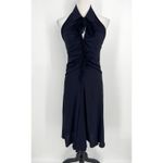 Fuzzi Halter Dress Size 42 US 6 Navy Silk Blend Ruched Ruffle Midi Elegant Chic Blue Photo 1