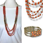 Cookie Lee  Women’s Necklace Bracelet Set Multi Strand Beaded Orange Gold 17” Photo 1