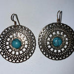 Silver Tone Earrings Turquoise Stone Bohemian Boho Western Hearts Medallion Blue Photo 0