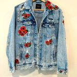 ZARA  Oversized Denim Jacket with embroidered Roses and Studs. Size Small Photo 0