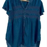 Knox Rose XS Blouse Short Flutter Sleeve Smocked V Neck Blue Chambray Size L Photo 0