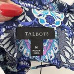 Talbots Size M Pleated Sleeve Top Floret Medallion Elbow Sleeve Split Neck Blue Photo 2