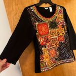 Laura Ashley  Black Multicolor Top Shirt Beaded Sequin Accents Petite Medium PM Photo 3