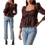 ASTR the Label Floral Print Smocked Babydoll Top Brown Pink Ditsy Med Milkmaid Photo 3