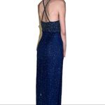 Cache 100% Silk Vintage Beaded Navy Blue Halter cross Strap Open Back Gown Photo 6