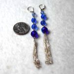 Trendy Blue Glass Beaded Silver Tone Tassel 4.5" Dangle French Clip Earrings Photo 1