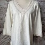 Eddie Bauer  Ivory V Neck Embroidered Tunic 3/4 Sleeve Linen Rayon Womens Shirt M Photo 0