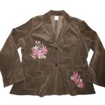 Corduroy Blazer Size XL Embroidered Roses Vintage Brown Pink Pockets Button Photo 4