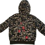 ZARA Camouflage Floral Embroidered Faux Fur Hood Puffer Coat Size L Soft Cuffs Photo 1
