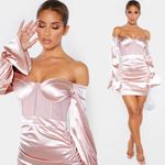 Pretty Little Thing  Dusty Pink Bardot Satin Mesh Insert Ruched Bodycon Mini Dress Photo 1