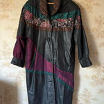 Vintage Pelle black leather floral tapestry patchwork long trench coat jacket M Size M Photo 0