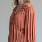 NEW Calligraphie Womens Coral Wrap Blouse Size L Long Sleeves Satin Crepe Boho Orange Size L Photo 0