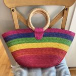 Vintage Pink Rainbow Striped Extra Large Raffia Straw Basket Bag Beach Travel Photo 0