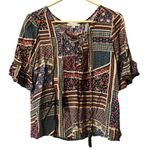 American Eagle  Flounce Floral Patch Short Sleeve Lace‎ Up Top Size Sz Small Boho Photo 0