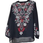 Chico's Chico’s size 1 medium floral v-neck sheer black hi low blouse rhinestone elastic Photo 2