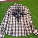 Roar‎ Women's Large Western Plaid Embroidery Long Sleeve Button Up Sheer Purple Photo 7