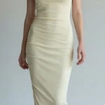 We Wore What NWT  Ruched High Neck Sleeveless Open Back Bodycon Midi Dress L Cream Photo 0