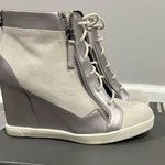 Saks 5th Avenue Gray for Saks Fifth Avenue Suede Leather Metallic Lace Up Wedge Booties sz 6.5 Photo 10