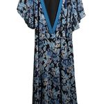 Hale Bob Floral Bird Print Wrap Midi Dress Blue Black Flutter Sleeve M Fairy Photo 0