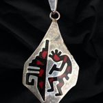 Vintage Mexico Silver Flute Playing Kokopelli W/ Red & Black Onyx Inlay Pendent Photo 1