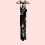 BCBGMAXAZRIA Cute black white geometric jersey knit stretchy flowy maxi high neck dress BCBG Photo 2