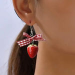 Strawberry Gingham Bow Earrings Red Photo 0
