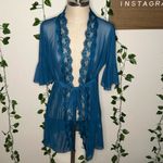 Blue Mesh Lace Trimmed Lingerie Robe and Slip Dress Set Photo 4