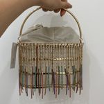 Beige Velvet Rhinestone Gold Cage Pearl Purse Photo 1