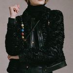 STAUD Buddha black faux shearling fur jacket w/ yellow leather trim size S small Photo 14