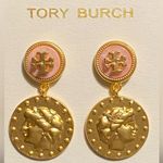 Tory Burch  gold tone mother of pearl coin drop earrings. New Photo 0