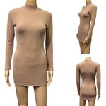 High Neck Tan Nude Ribbed Long Sleeve Micro Mini Shirt Dress Womens Small Photo 1