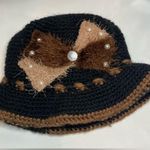 Knit Hat Women Fuzzy Bow Pearls Black Brown Cottage Style Crochet Photo 3