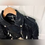 Black PU Leather Fringe Moto Jacket Asymmetric Zip Tassel Trim Belted Crop Coat Photo 10