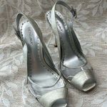 BCBGirls  Silver Crackle Patent Leather Rhinestone Buckle Peep Toe Pumps Size 9.5 Photo 0