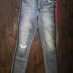 EXPRESS ankle legging high rise denim with red and navy stripe and rips on knees Photo 0