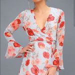 Lulus NWOT Lululs Petals of Honor Light Blue Floral Wrap Dress sz S long sleeve sheer Photo 1