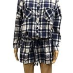 Aerie  Cotton Blue White Flannel Plaid Button Up Long Sleeve Short Romper Large Photo 0