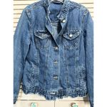 Blassport Med Wash Denim Jacket Size Small Pockets Button Up Collar Ruffle Blue Photo 1