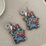 Bunny Gnome with daisies wooden earrings White Photo 2
