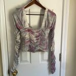 Free People  Pink and Blue Tie Dye Streetwear Ruched Mesh Blouse Photo 3