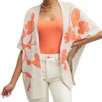 NWT Chicos Embroidered Knit Ruana Neutral Orange Floral Linen Cotton Size S/M Tan Photo 0