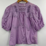 Anthropologie  Lilac Embroidered Puff Sleeve Blouse Cotton Eyelet Lace Top XS Photo 0