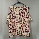Worthington  Maroon and Cream Leaf Print Cold Shoulder Blouse Photo 3