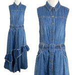 Free People  Western Bohemian Ruffle Denim Midi Maxi Dress Medium Belted Cowgirl Photo 5