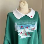 Christmas Sweater Cardinal Peter Pan Collar Top Stitch 3X Winter Trees Green Photo 1