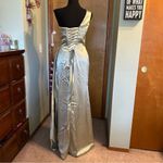 NWOT light green satin one shoulder bridesmaid dress with slit size 4 lace back Photo 2