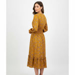 Outerknown  Womens Midi Dress Mustard Yellow Floral Smocked Waist Boho Tiered MED Photo 2