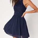 Lulus  Lover's Game Navy Blue Lace Halter Neck Skater Dress Women’s Size Medium Photo 5