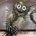 Vintage 1970s Large Rhinestone Spotted Owl Boho Feather Long Legnth Necklace White Photo 4