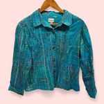 Chico's Chico’s aquamarine distressed rainbow embroidery light jacket chunky buttons Photo 0
